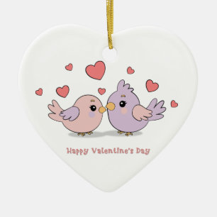 Schattigee Cartoon Lovebirds Pink Hearts Valentijn Keramisch Ornament