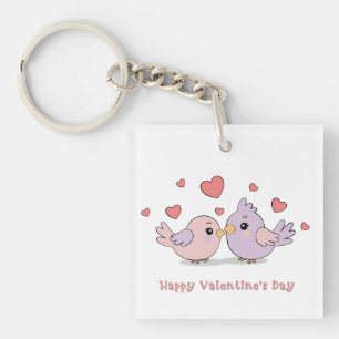 Schattigee Cartoon Lovebirds Pink Hearts Valentijn Sleutelhanger