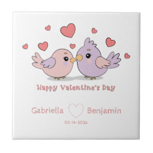 Schattigee Cartoon Lovebirds Pink Hearts Valentijn Tegeltje