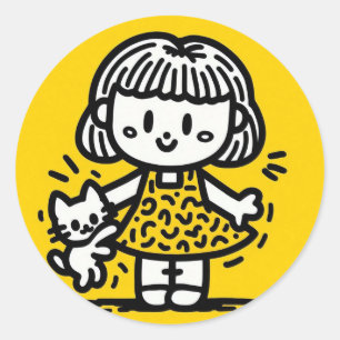 Schattigee Cartoon Meisje met Kitten in Keith Hari Ronde Sticker