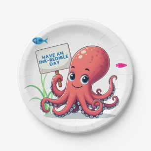 Schattigee, cartoon octopus met vis papieren bordje