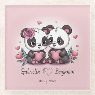 Schattigee Cartoon Panda Lovers Hearts Valentijn's Glazen Onderzetter