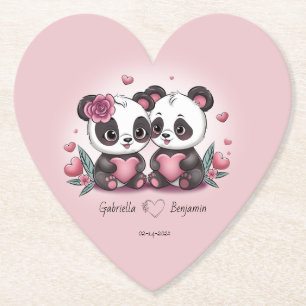 Schattigee Cartoon Panda Lovers Hearts Valentijn's Kartonnen Onderzetters