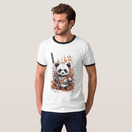 Schattigee Cartoon Panda Samurai | Uniek grafisch T-shirt (Voorkant volledig)