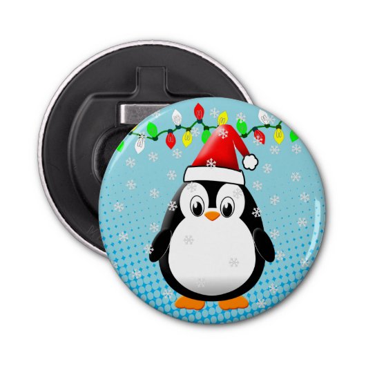 Schattigee Cartoon Penguin Santa Hat Kerstverlicht Button Flesopener (Voorkant)