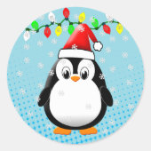 Schattigee Cartoon Penguin Santa Hat Kerstverlicht Ronde Sticker (Voorkant)