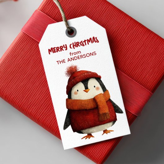 Schattigee Cartoon Pinguïn Feestelijk Vrolijk Kers Cadeaulabel