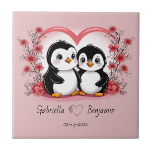 Schattigee Cartoon Pinguïn Liefhebbers Hart Valent Tegeltje