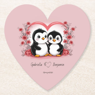 Schattigee Cartoon Pinguïn Lovers Hearts Valentijn Kartonnen Onderzetters