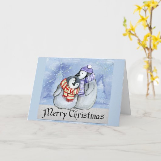 Schattigee Cartoon Pinguïn Paar Vrolijke Kerstwens Kaart (Gele Bloem)
