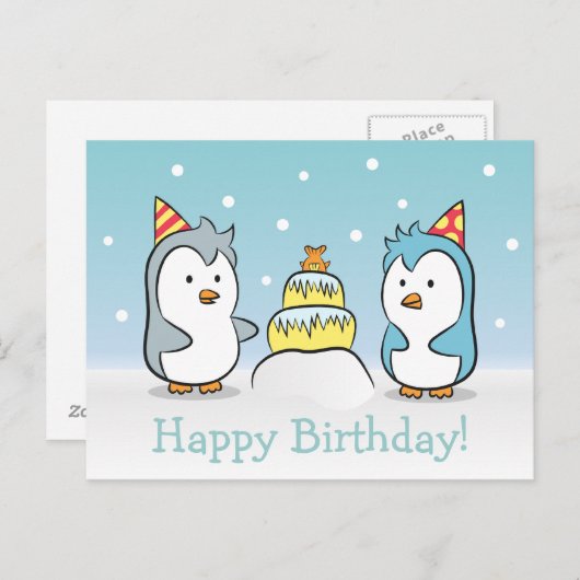 Schattigee Cartoon - Pinguïns Verjaardagsfeest Uitnodiging Briefkaart (Voorkant / Achterkant)