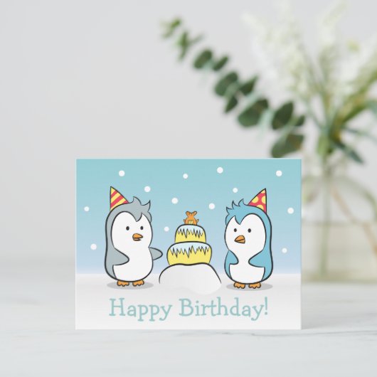 Schattigee Cartoon - Pinguïns Verjaardagsfeest Uitnodiging Briefkaart (Staand voorkant)