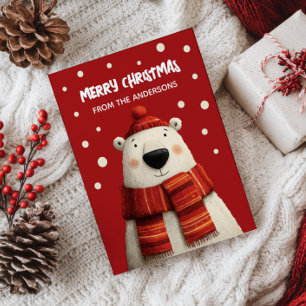 Schattigee Cartoon Polar Beer Red Merry Christmas  Briefkaart