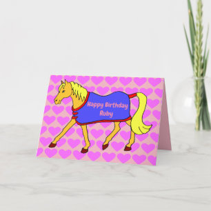 Schattigee Cartoon Pony met Pink Hearts Verjaardag Kaart