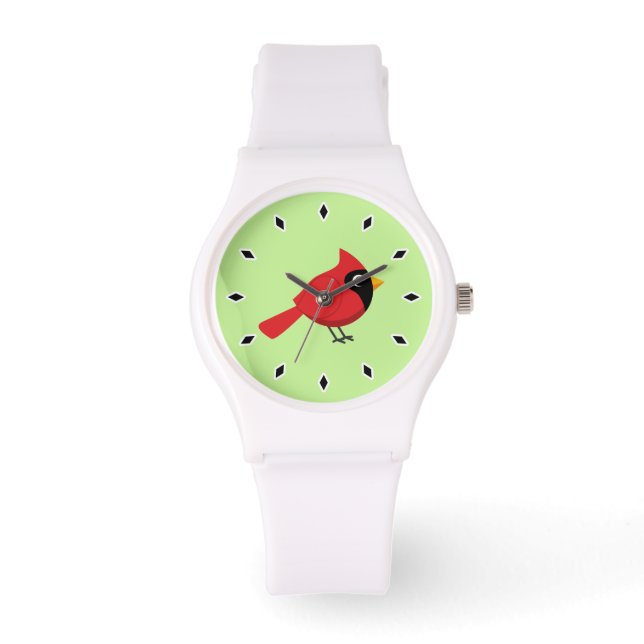 Schattigee Cartoon Rode Kardinaal met Bloemen Horloge (Voorkant)