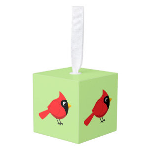Schattigee Cartoon Rode Kardinaal met Bloemen Kubus Ornament