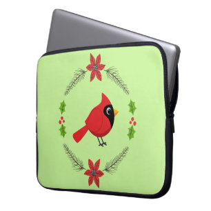 Schattigee Cartoon Rode Kardinaal met Bloemen Laptop Sleeve