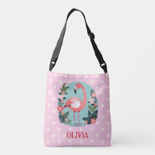Schattigee Cartoon Roze Bloemen Flamingo met Polka Crossbody Tas (Achterkant)