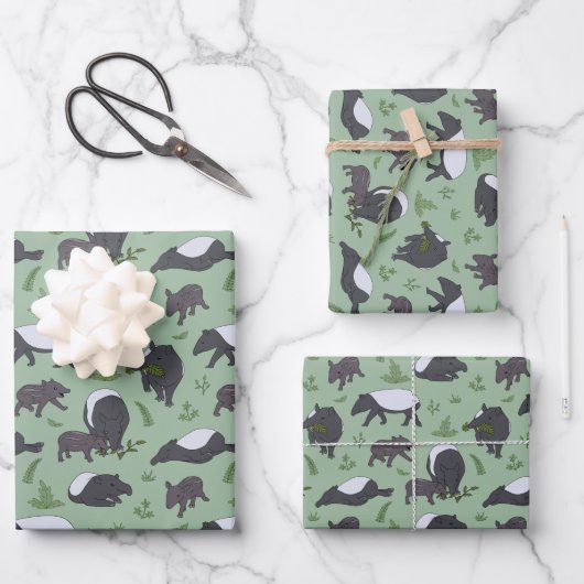 Schattigee Cartoon Tapirs en Baby's Patroon Mint G Inpakpapier Vel (Voorkant)