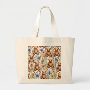 Schattigee Cartoon Teddies met Waterverf Bloemen Grote Tote Bag