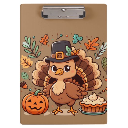 Schattigee Cartoon Thanksgiving kalkoen en pompoen Klembord (Voorkant)