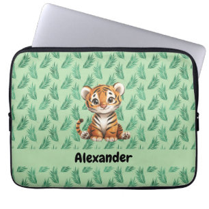 Schattigee Cartoon tijger op tropische bladeren Laptop Sleeve