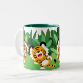 Schattigee Cartoon Tijgers Dansen in het Oerwoud M Tweekleurige Koffiemok (Voorkant links)