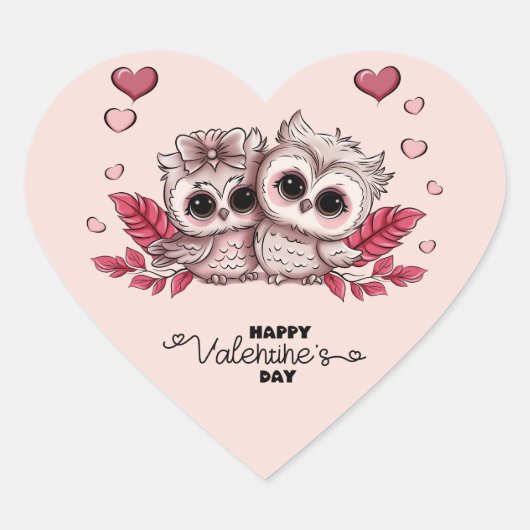 Schattigee Cartoon Uil Liefhebbers Hart Valentijn' Hart Sticker (Voorkant)