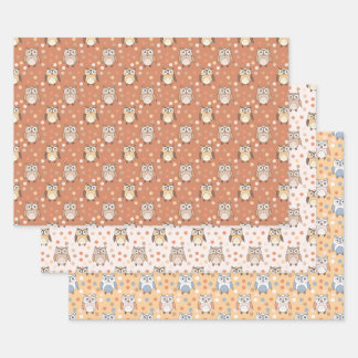 Schattigee Cartoon Uilen en Polkadots Pastel Patro Inpakpapier Vel