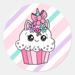 Schattigee Cartoon Whimsical Roze Eenhoorn Cupcake Ronde Sticker