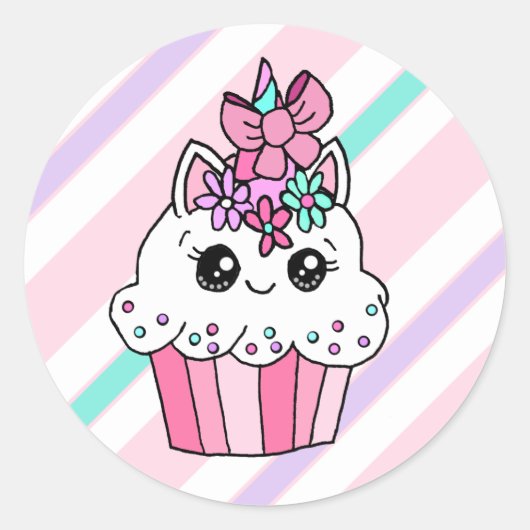 Schattigee Cartoon Whimsical Roze Eenhoorn Cupcake Ronde Sticker (Voorkant)