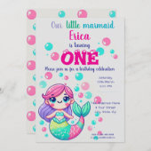 Schattigee Cartoon Zeemeermin Verjaardagsuitnodigi Kaart (Voorkant / Achterkant)