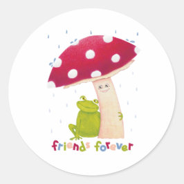 Schattigee cartoon zitkikker en paddenstoel in de  ronde sticker
