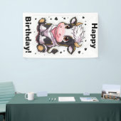 Schattigee cartoonachtige koe met grote expressiev spandoek (Beurs)