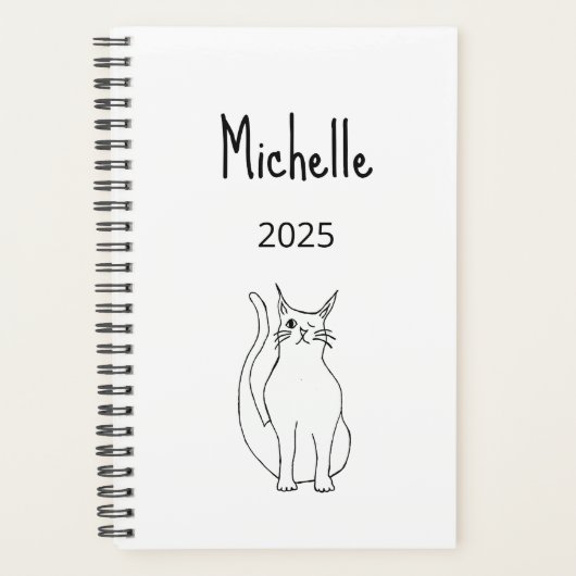 Schattigee Cat Cartoon 2025 Winking Kat Zwart Wit Planner (Voorkant)