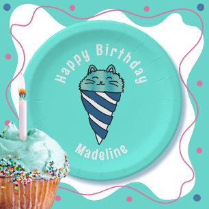 Schattigee Cat Cartoon Blue Ice Cream Cone Verjaar Papieren Bordje