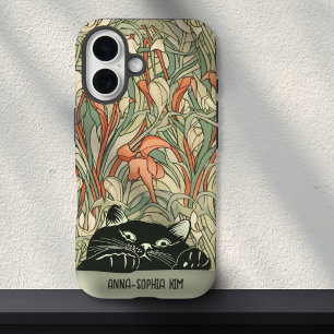 Schattigee Cat Floral Art Nouveau Groen Rood Custo iPhone 16 Hoesje