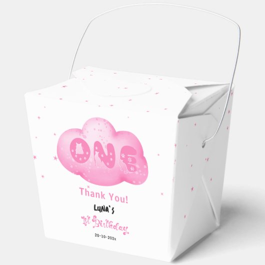 Schattigee Cat Font Waterverf Roze Cloud 1e Verjaa Bedankdoosjes (Voorkant)