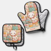 Schattigee Cat House Quilt Patchwork Pastel Custom Ovenwant & Pannenlap Set (Voorkant / Achterkant)