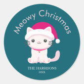 Schattigee Cat Meowy Christmas Green Ronde Sticker (Voorkant)