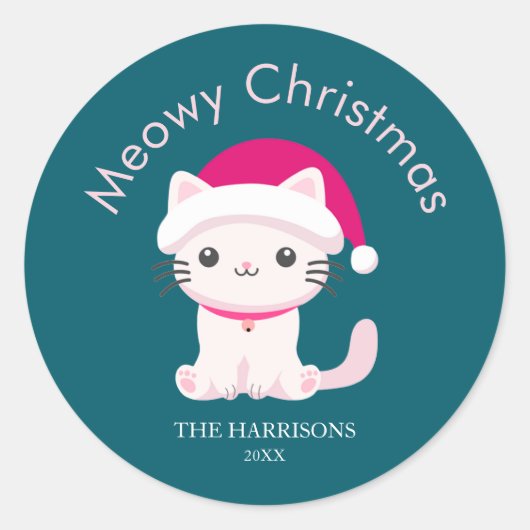 Schattigee Cat Meowy Christmas Green Ronde Sticker (Voorkant)