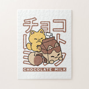 Schattigee Cat Riding Chocolademelk Karton Kawaii Legpuzzel