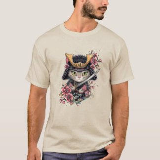 Schattigee Cat Samurai Cherry Blossom Art T-shirt
