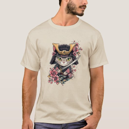 Schattigee Cat Samurai Cherry Blossom Art T-shirt (Voorkant)