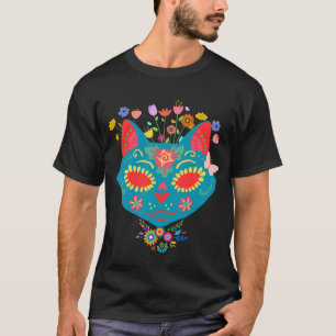Schattigee Cat Sugar Skull Vol Kleur en Bloemen T-shirt
