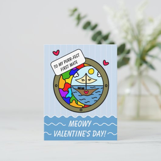 Schattigee Cat Sweet Adventure Zeilboot Valentijn Feestdagenkaart (Staand voorkant)