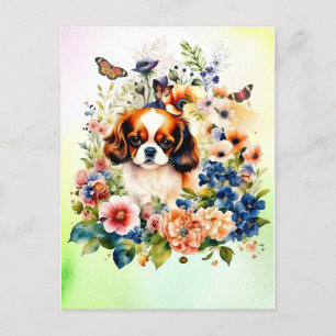 Schattigee Cavalier King Charles Puppy in Flowers Briefkaart