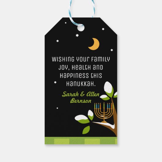 Schattigee Chanoeka Uil & Menorah Licht de nacht o Cadeaulabel (Achterkant)