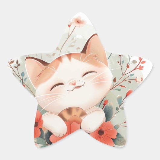 Schattigee Chibi Cat In Flowers Cat Lovers Cadeau Ster Sticker (Voorkant)