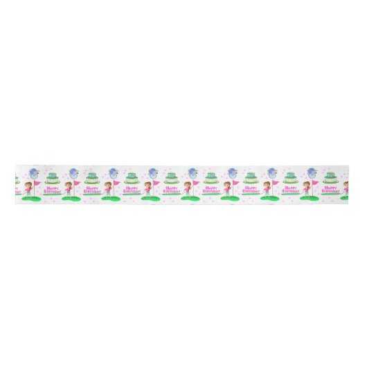 Schattigee Chibi Girl Verjaardag Golfen Thema Verj Lint (Voorkant)